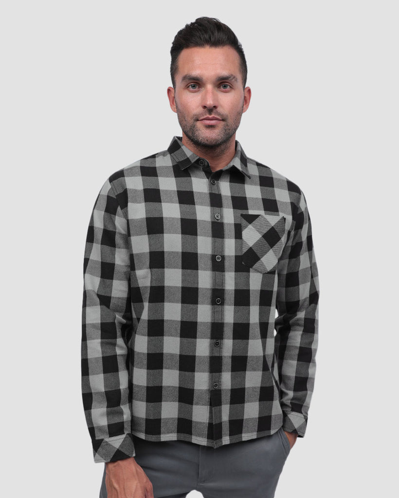 Long Sleeve Flannel-Checker Black/Grey-Front--Zach---L