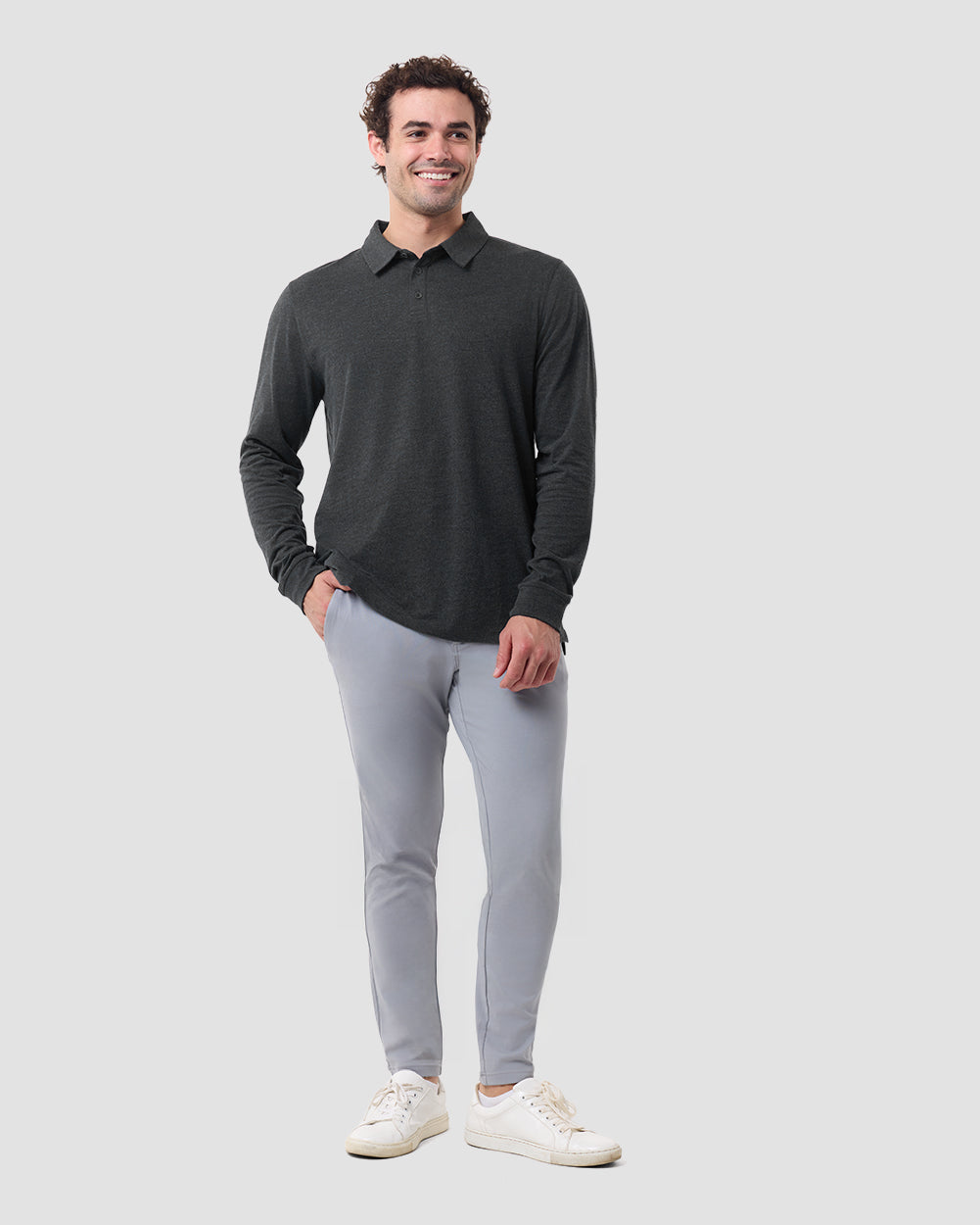 Long Sleeve Polo-Charcoal-Regular-Full--Model---L