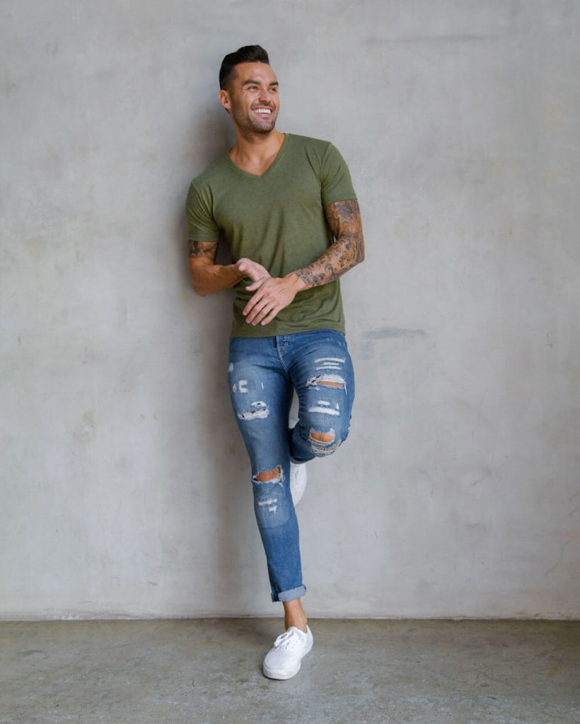 V-Neck Tee - Non-Branded-Olive Green-Regular-Full--Zach---L