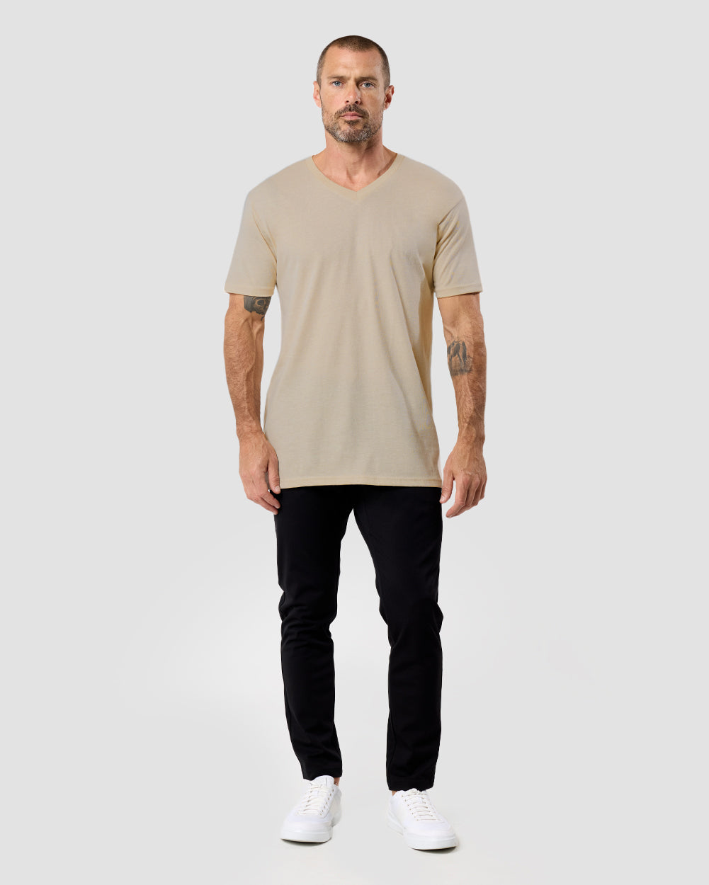 V-Neck Tee - Non-Branded-Cream-Full--Model---M-Regular