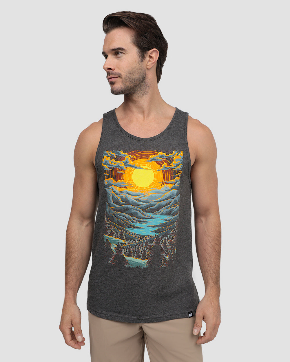 Sunset Serenity Tank-Charcoal-Regular-Front--Alex---M