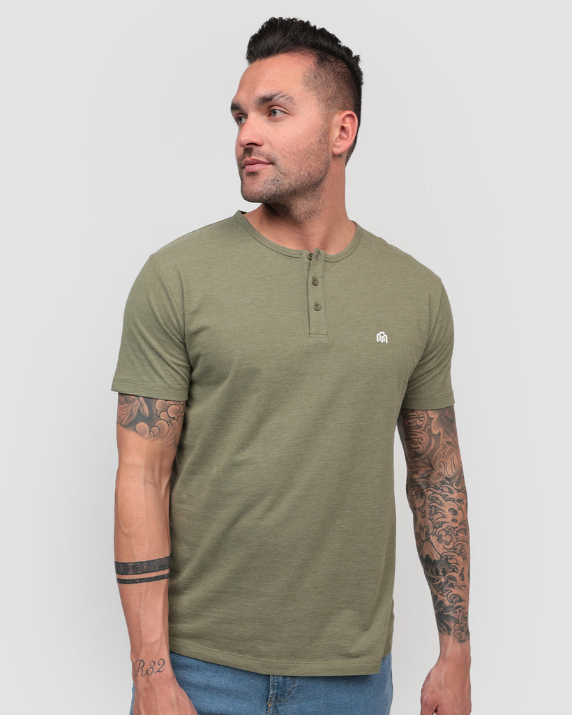Basic Henley Tee-Olive Green-Front--Zach---L