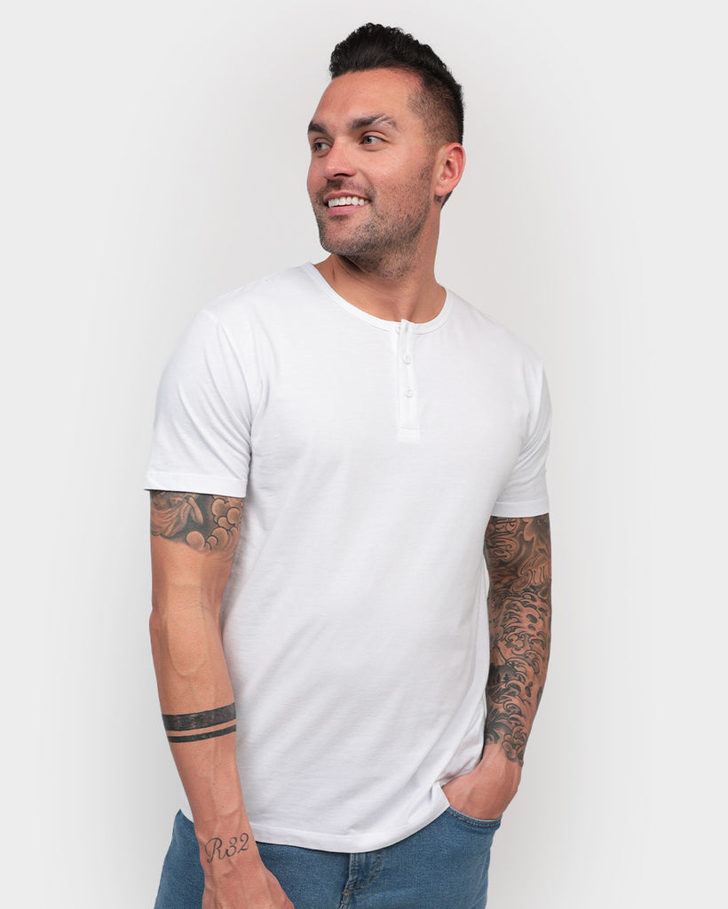 Essential Henley Tee-White-Front--Zach---L